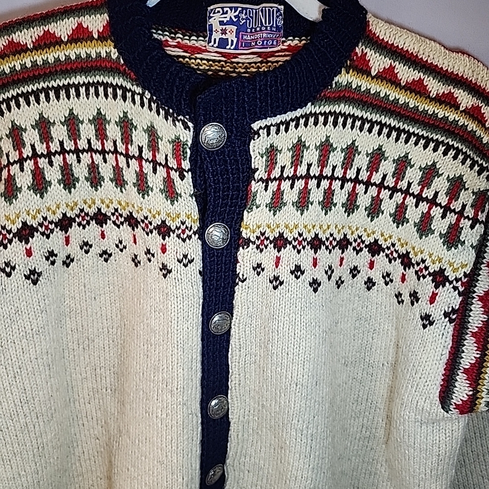 Sundt Bergen Norway Wool Cardigan Nordic Fair Isle Sweater - needs repair size m